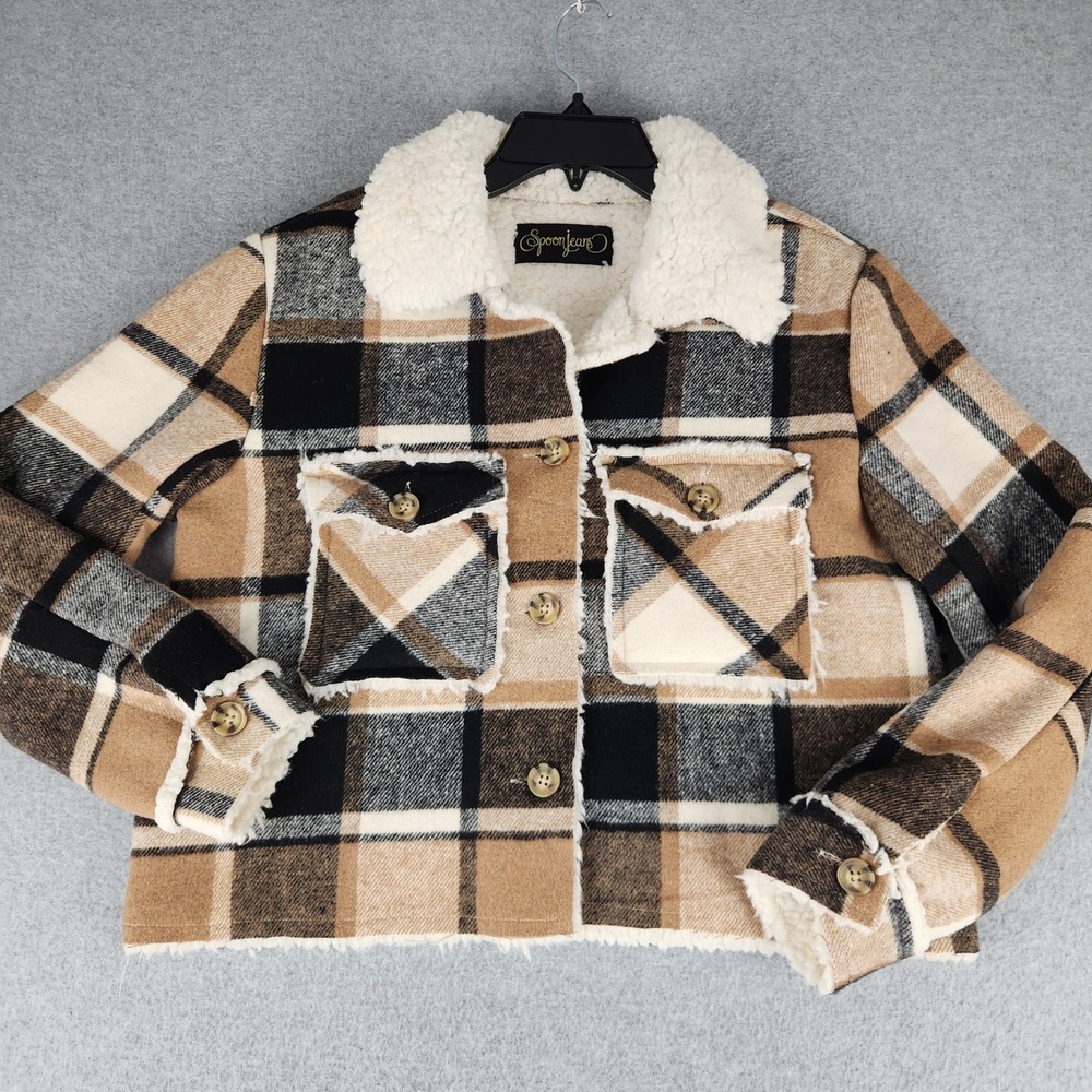 Spoon Jeans Shacket Women S Tan Plaid Sherpa Lined Cropped Button Front Jacket‎